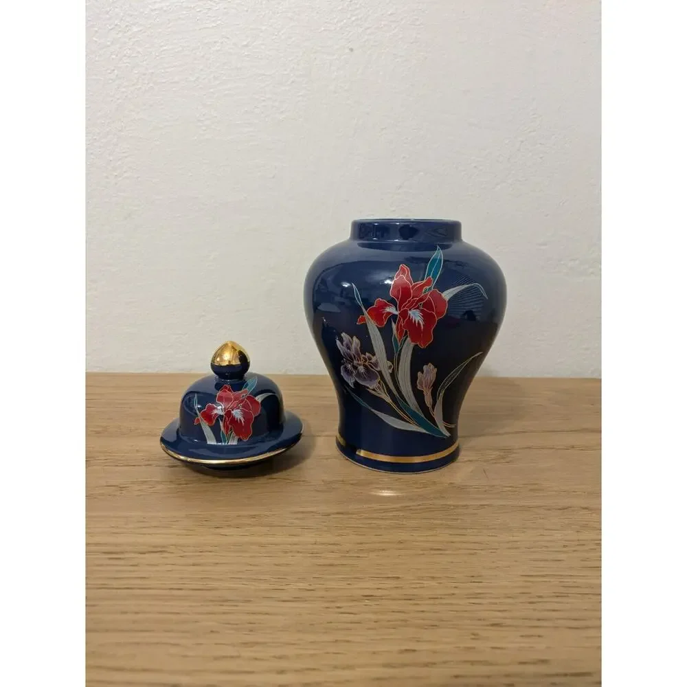 Vintage Japan Vase with Lid Floral Blue &‎ Gold Porcelain Fine China Decor